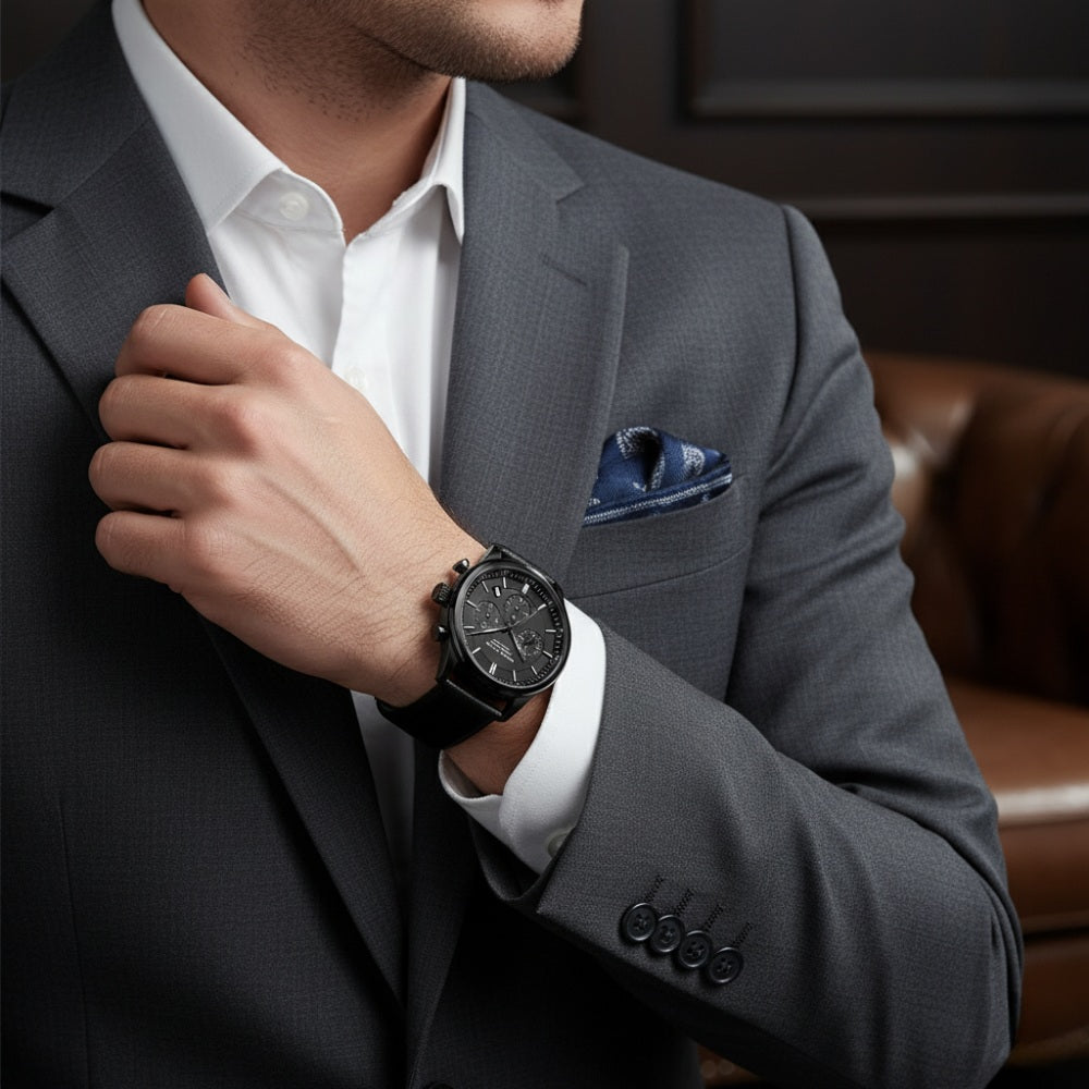 Relógio de Couro Masculino Preto Luxemiro